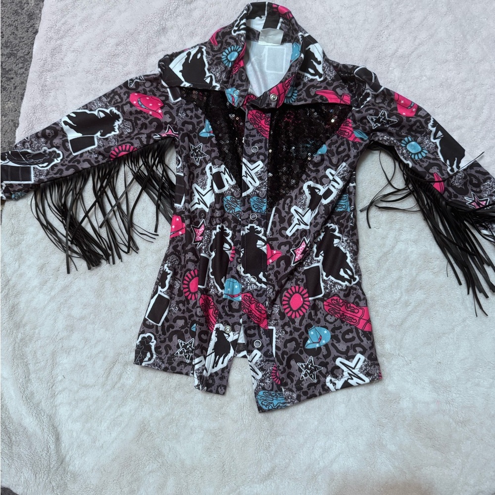 Kids Colorful Button Down Shirt with Fringe with barrel racers